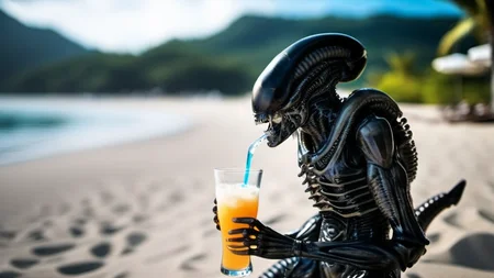 Xenomorph1024, an alien at the beach, holding a cocktail, detailed eyes, highly detailed, photography, ultra sharp, film, bokeh, professional, 4k <lora:Xenomorph1024:0.8> <lora:add-detail-xl:1.5>