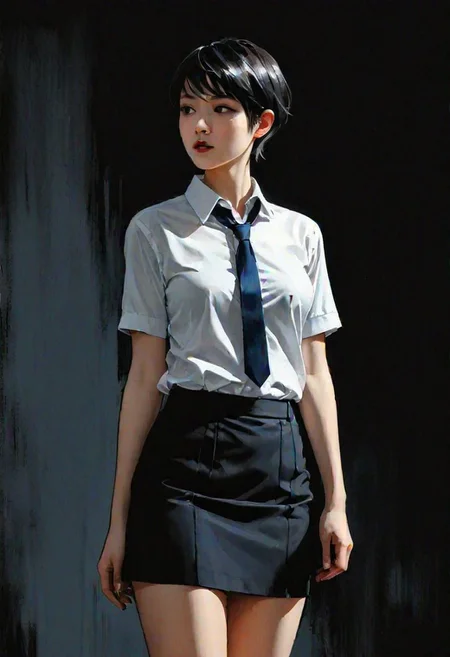 extremely low angle full body shot of a beautiful Anna Sawai with short back hair, white button school shirt, black school skirt, sexy, sensual, seductive, complex background, immaculate composition, realistic lighting, petite body, looking away, Russ Mills artwork, black ink, indigo and black touches, dark background
