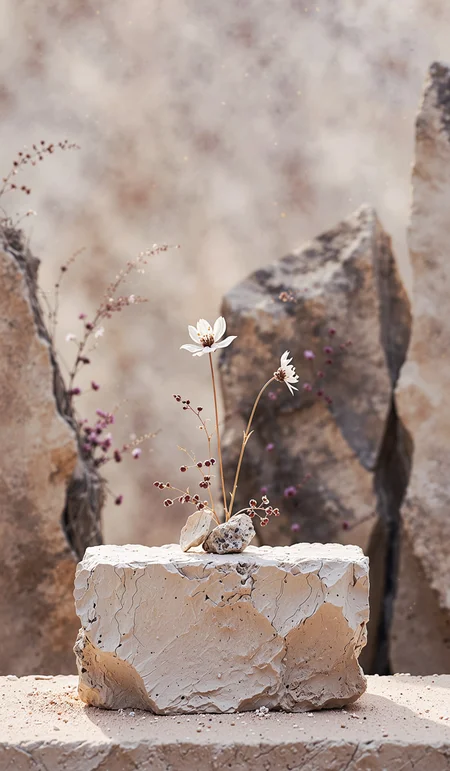Abstract nature scene Stone podium composition and dry flower on beige brown background. Copy space, front view, split lighting, award-winning, selective focus. Dramatic unusual scene. Beauty world, breathtaking photograph, lensflare and bokeh effects