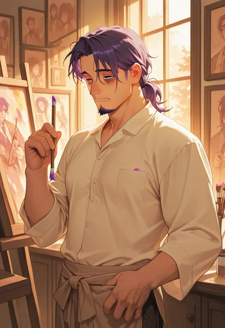 1boy, mbti_intp, mature man, purple eyes, droopy eyes, eye bags, tied hair, goatee, holding a paintbrush, standing in a sunlit atelier, surrounded by canvases, wearing a paint-splattered linen shirt, thoughtful expression, soft window light, warm color palette, artistic details, charmingly disheveled