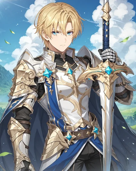 score_9, score_8_up, score_7_up, original style, depth of field, BREAK, rating_safe, 1boy, solo, yaoi, male focus, upper body, mature male, skinny, <lora:brammashell_pony:0.8> brammashell_gc, blonde hair, blue eyes, short hair, hair between eyes, bangs, armor, weapon, cape, boots, gauntlets, armored boots, sword, holding weapon, sheath, shoulder armor, pants, gloves, holding sword, looking at viewer, outdoors, day,<lora:sdxl_lightning_8step_lora:1> <lora:xl_more_art-full_v1:0.3>