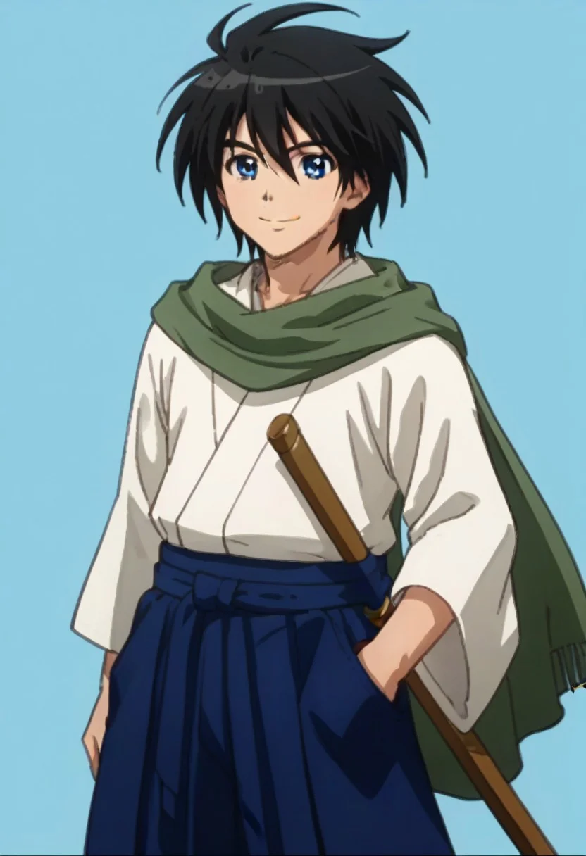((masterpiece)), ((best quality)), ((ultra-detailed)), score_9_up, score_8_up, score_7_up, HD, top quality, best quality, High-quality illustrations, anime screencap, perfect anatomy, ((1male, 1boy, solo male, solo male focus)), anime, anime boy, male anime character, Yoichi Karasuma, black hair, long messy hair, blue eyes, handsome, attractive, cute, happy, big smile, cheerful expression, Yoichi Karasuma, black hair, long messy hair, blue eyes, long green scarf, japanese clothes, long blue hakama skirt, wooden boken sword on hips