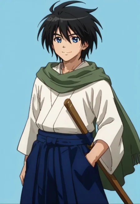 ((masterpiece)), ((best quality)), ((ultra-detailed)), score_9_up, score_8_up, score_7_up, HD, top quality, best quality, High-quality illustrations, anime screencap, perfect anatomy, ((1male, 1boy, solo male, solo male focus)), anime, anime boy, male anime character, Yoichi Karasuma, black hair, long messy hair, blue eyes, handsome, attractive, cute, happy, big smile, cheerful expression, Yoichi Karasuma, black hair, long messy hair, blue eyes, long green scarf, japanese clothes, long blue hakama skirt, wooden boken sword on hips
