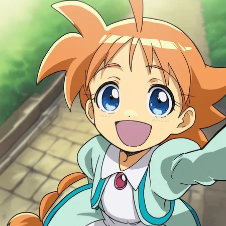 score_9, solo, ahiru, orange hair, ahoge, braid, blue eyes, dress, selfie, open smile,