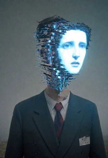 He lifts his head from his head, his eyes on strands of eyes, and in the glitch light handmade and homespun, he sees the visions of pasts lost in enigmatic phantoms and faces of light