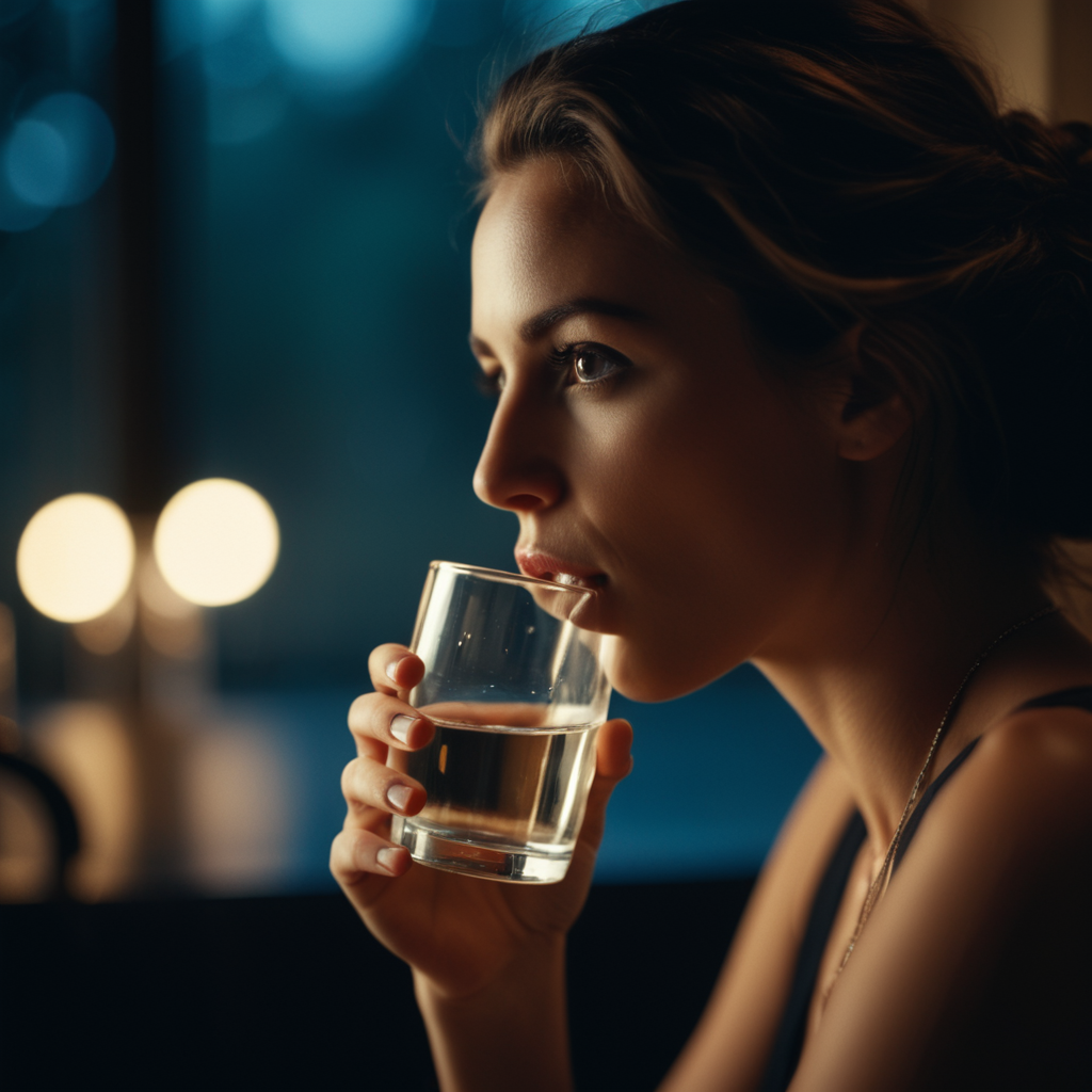 cinematic film still of  <lora:hand 5.5:0.9>
 a woman drinking a glass of water, shallow depth of field, vignette, highly detailed, high budget, bokeh, cinemascope, moody, epic, gorgeous, film grain, grainy