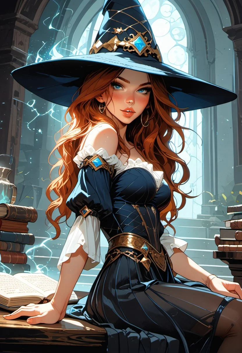 Safe_pos, (score_9, score_8_up, score_8), ((zPDXL3)), ((zPDXLxxx)), ultra detailed, high resolution, high quality, masterpiece, intricate details, intricate body, intricate landscape, knva, Expressiveh, hkmagic, missfortune, European Instagram Model, Sorceress, Wizard, Casting Thunder Magic Spells, Magic Circle, Thigh Strap, Tavern, midnight, 1girl, source_cartoon, Petite, ((Dark-Auburn Hair, Blue Eyes, Full Lips, Delicate and Smooth Skin, Blush Perfect Body, Highly Detailed, Glossy Lips)), ((Witch Hat)), Beautiful, Attractive, (Long Hair, Shiny Hair), (perfect round breasts, large breasts), (Wizard), ((Femme Fatale)), Tight-Fitting Blue-and-White Dress, Corset, Sexy, Belt, Brown Thigh-High Boots, Fantasy, Medieval, ((Extremely Detailed Face and Eyes)), Looking at Viewer, (Flirty Smile), Soft Lighting, Warm Lighting, Unique Angle, Unique Perspective, Dramatic Angle, ((Full Body)), From Above, Side Shot, ((Sitting on Tabletop, Arched Back, Leaning Back)), Tomes in Background, Magic Book, Ritual
<lora:add-detail-xl:1.5>,
<lora:Expressive_H:0.7>,
<lora:Kenva:1>,
<lora:incase_2024_new_style_upscaled_with_big_images:0.8>,
<lora:missfortune:0.65>,
<lora:Fantasy_Wizard__Witches_Pony:0.4>,