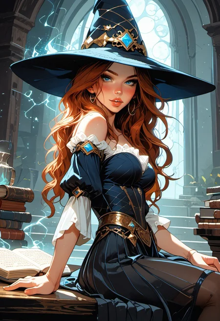 Safe_pos, (score_9, score_8_up, score_8), ((zPDXL3)), ((zPDXLxxx)), ultra detailed, high resolution, high quality, masterpiece, intricate details, intricate body, intricate landscape, knva, Expressiveh, hkmagic, missfortune, European Instagram Model, Sorceress, Wizard, Casting Thunder Magic Spells, Magic Circle, Thigh Strap, Tavern, midnight, 1girl, source_cartoon, Petite, ((Dark-Auburn Hair, Blue Eyes, Full Lips, Delicate and Smooth Skin, Blush Perfect Body, Highly Detailed, Glossy Lips)), ((Witch Hat)), Beautiful, Attractive, (Long Hair, Shiny Hair), (perfect round breasts, large breasts), (Wizard), ((Femme Fatale)), Tight-Fitting Blue-and-White Dress, Corset, Sexy, Belt, Brown Thigh-High Boots, Fantasy, Medieval, ((Extremely Detailed Face and Eyes)), Looking at Viewer, (Flirty Smile), Soft Lighting, Warm Lighting, Unique Angle, Unique Perspective, Dramatic Angle, ((Full Body)), From Above, Side Shot, ((Sitting on Tabletop, Arched Back, Leaning Back)), Tomes in Background, Magic Book, Ritual
<lora:add-detail-xl:1.5>,
<lora:Expressive_H:0.7>,
<lora:Kenva:1>,
<lora:incase_2024_new_style_upscaled_with_big_images:0.8>,
<lora:missfortune:0.65>,
<lora:Fantasy_Wizard__Witches_Pony:0.4>,