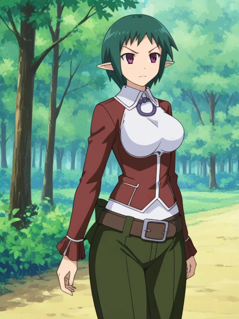 1girl, solo, sardiakamoshirenai, short hair, green hair, purple eyes, pointy ears, large breasts, white shirt, collared shirt, pendant, red jacket, partially open jacket, long sleeves, belt, green skirt, long skirt, back bow, outdoors, forest, cowboy shot, hand on hair, annoyed, cowboy shot