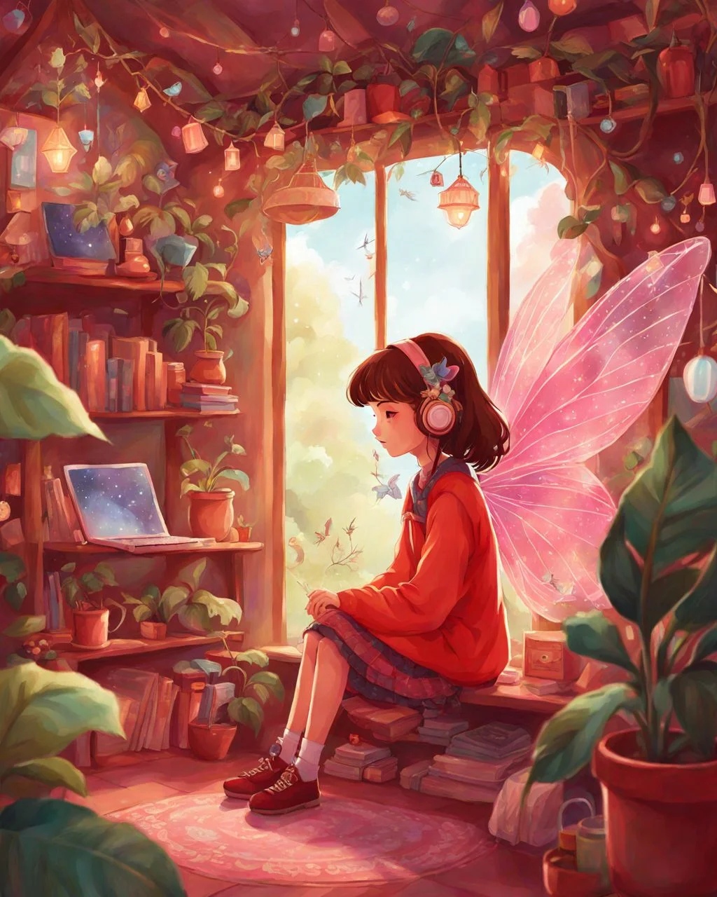 A FairyForm Lofi Girl in her enchanted room <lora:SDXL_Fairy_Form_LoRA:0.8> <lora:SDXL-LofiGirl-Lora:1.0>