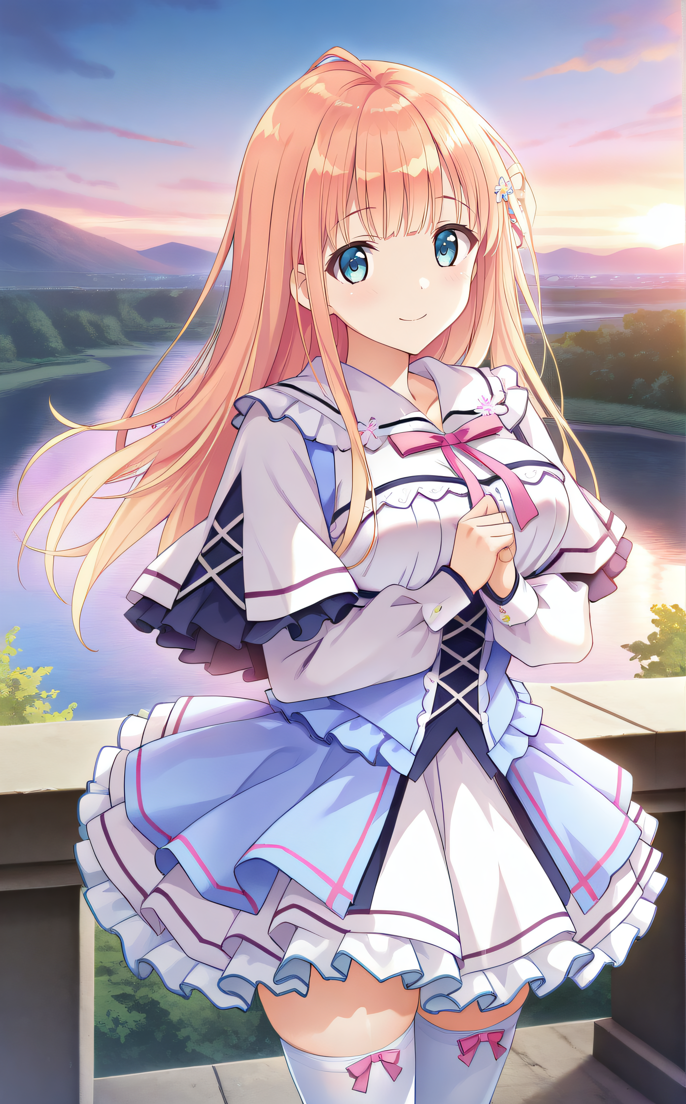masterpiece, best quality, highres, scenery, newest, 1girl, solo, official style, <lora:Tsukishima_Saori:1>, saori, hairpin, pink ribbon, capelet, frilled dress, layered dress, white long sleeves, blue corset, white thighhighs, looking at viewer, smile, outdoor, cowboy shot, own hands together