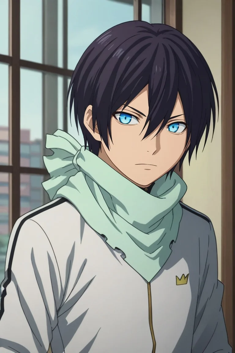 score_9, score_8_up, score_7_up, , rating_safe, intricate details, anime screencap, , official style, looking at viewer, , 1boy, solo, male focus, <lora:yato_noragami_pony:0.88>, yato_noragami, black hair, blue eyes, short hair, hair between eyes, scarf, , , <lora:sdxl_lightning_8step_lora:1>