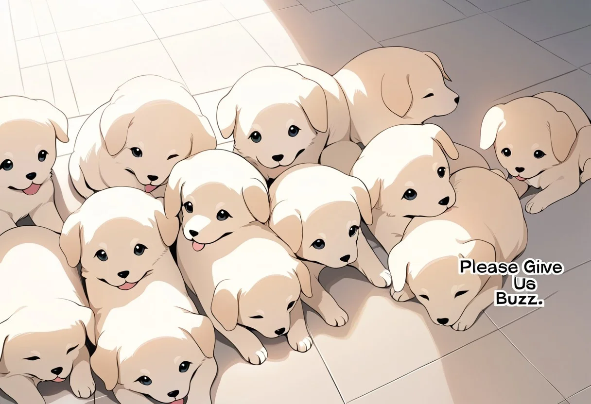Masterpiece, lots of puppies, laying on the floor, text "please give us buzz"