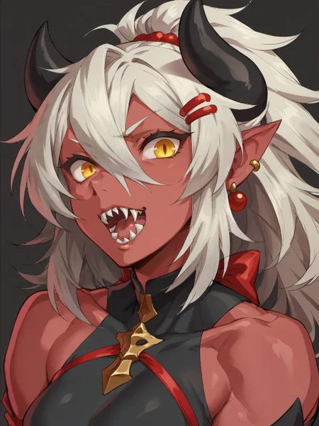 score_9, score_8_up, score_7_up, mikoyanstyle,
1girl, solo, open mouth, horns, sharp teeth, teeth, earrings, jewelry, looking at viewer, long hair, multicolored eyes, multicolored hair, hair between eyes, black background, bare shoulders, hair ornament, portrait, yellow eyes, red ribbon, red hair, fangs, white hair, blonde hair, hairclip, ribbon, streaked hair,
<lora:mikoyan_style_v1:1>,
<lora:fix_hands:1.5>