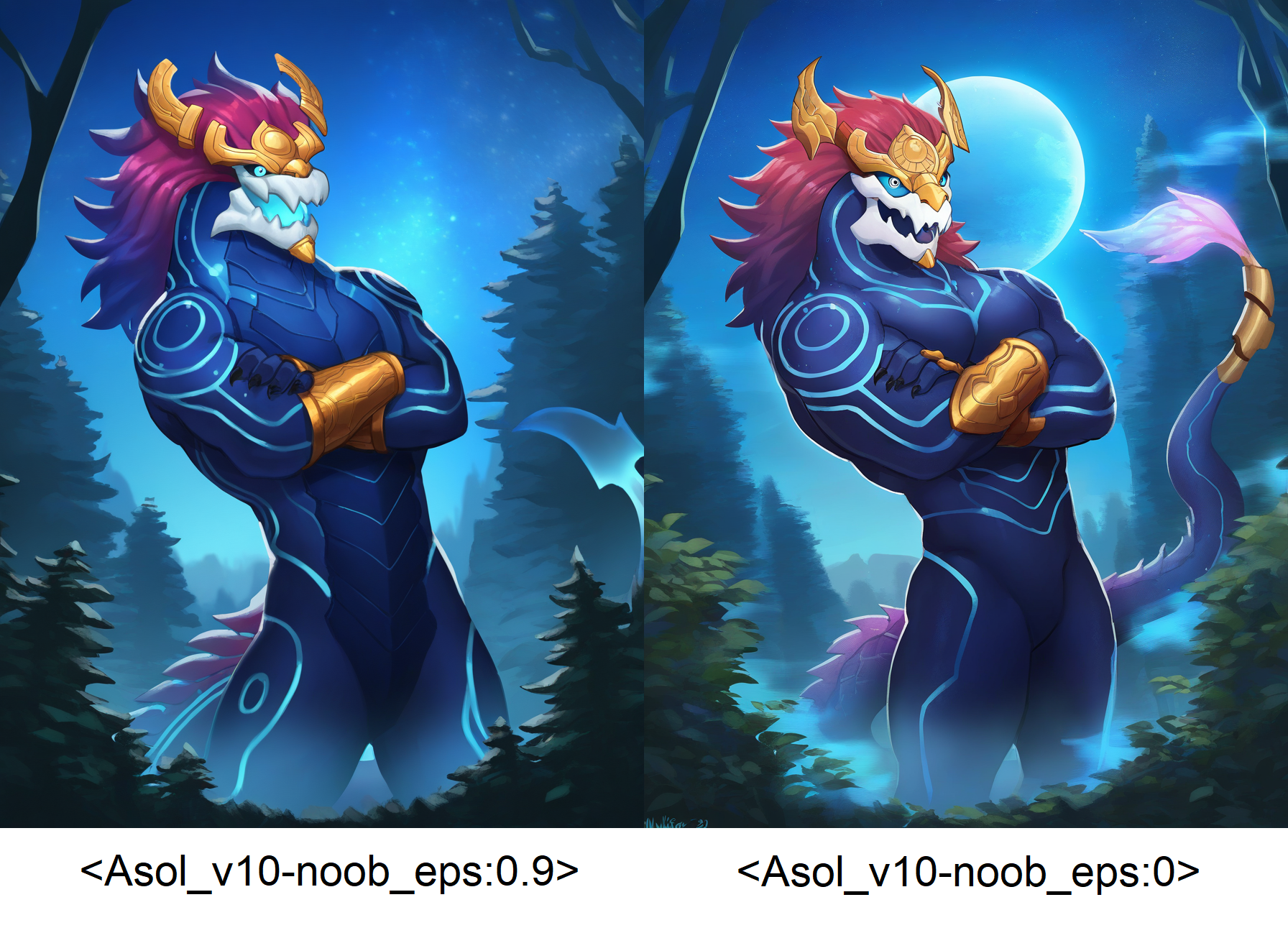 1boy, solo, eastern dragon, anthro, male, aurelion sol \(lol\), bracers, standing, crossed arms, 5 fingers, looking at viewer, open mouth, [tail, claws, nude], forest, outdoors, detailed face, detailed eyes, front view, kemono, wulfer-shepherd, (oil painting:0.6), (masterpiece, best quality, very aesthetic, amazing quality), absurdres, highres