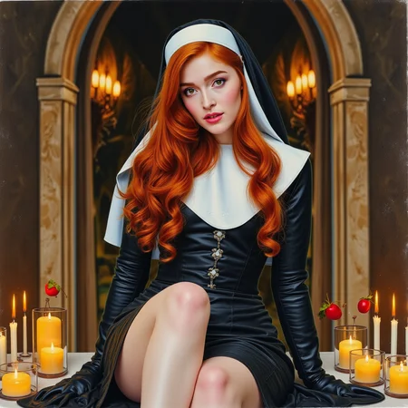 hyperrealistic art watercolor painting expressionist Inside an ancient cathedral, bathed in the glow of flickering candlelight, the redheaded goddess sitting on the cold stone altar, she's wearing a full nun costume  leaving nothing but temptation in its wake. Her fiery locks spill over the sacred ground as she gazes upward, looking at the viewer,  her lips parted in an expression of pure, sinful ecstasy. Itâs an image of contrastâholiness and eroticism intertwined, a vision of defiance in a place of restraint  <lora:jialissa64:0.9> jialis . raw, emotional, dynamic, distortion for emotional effect, vibrant, use of unusual colors, detailed . vibrant, beautiful, painterly, detailed, textural, artistic . extremely high-resolution details, photographic, realism pushed to extreme, fine texture, incredibly lifelike