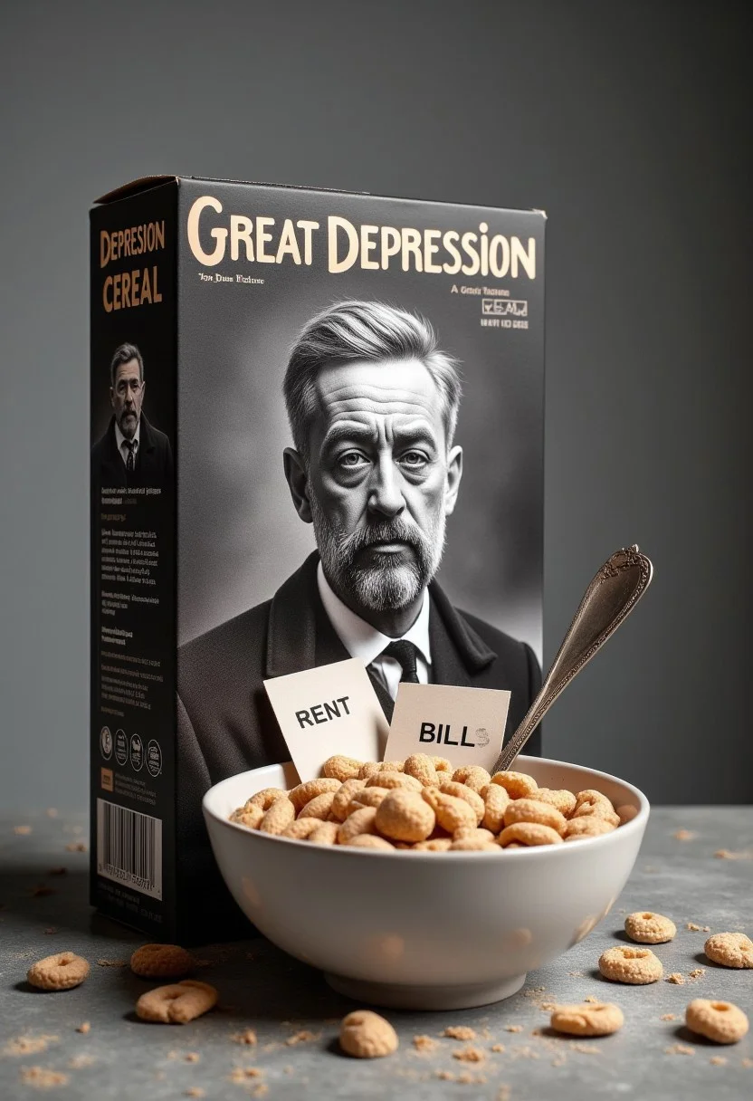 This is a photograph of a cereal box named "Great Depression", in muted gray tones. The box art features a man from the great depression time period, his expression is of a man who lost everything, and he's very sad. The cereal bow is empty and dusty, along with letters labeled "RENT" and "BILLS"