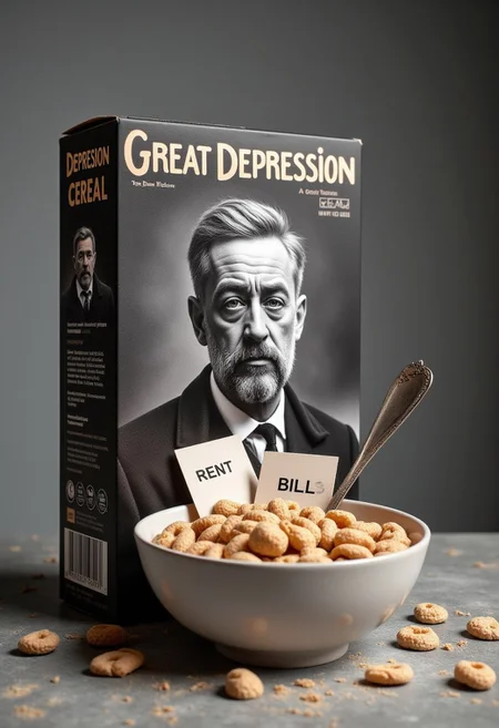 This is a photograph of a cereal box named "Great Depression", in muted gray tones. The box art features a man from the great depression time period, his expression is of a man who lost everything, and he's very sad. The cereal bow is empty and dusty, along with letters labeled "RENT" and "BILLS"