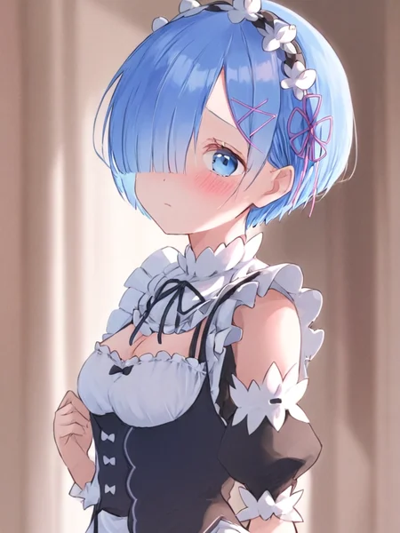 <lora:rem:1>,1girl,solo,rem_\(re:zero\),blue_eyes,hair_over_one_eye,short_hair,blue_hair,hair_ribbon,roswaal_mansion_maid_uniform,