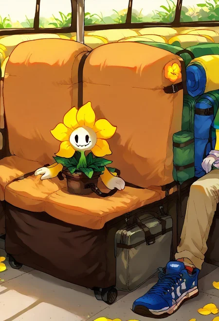 safe_pos, score_9, score_8_up, score_7_up, source_cartoon, pixel artstyle, 1boy, sexy boy, flowey_the_flower, plant, yellow petals, white face, plant boy, suitcase, smirk, blue sneakers, plant creature, looking at viewer, head in flower pot, belt, anthroflowey, flower, backpack, college t-shirt, beige pants, sitting down, sitting in bus, bus_interior, bus, white gloves, hands on ground, hands on floor, extra arms, multiple arms