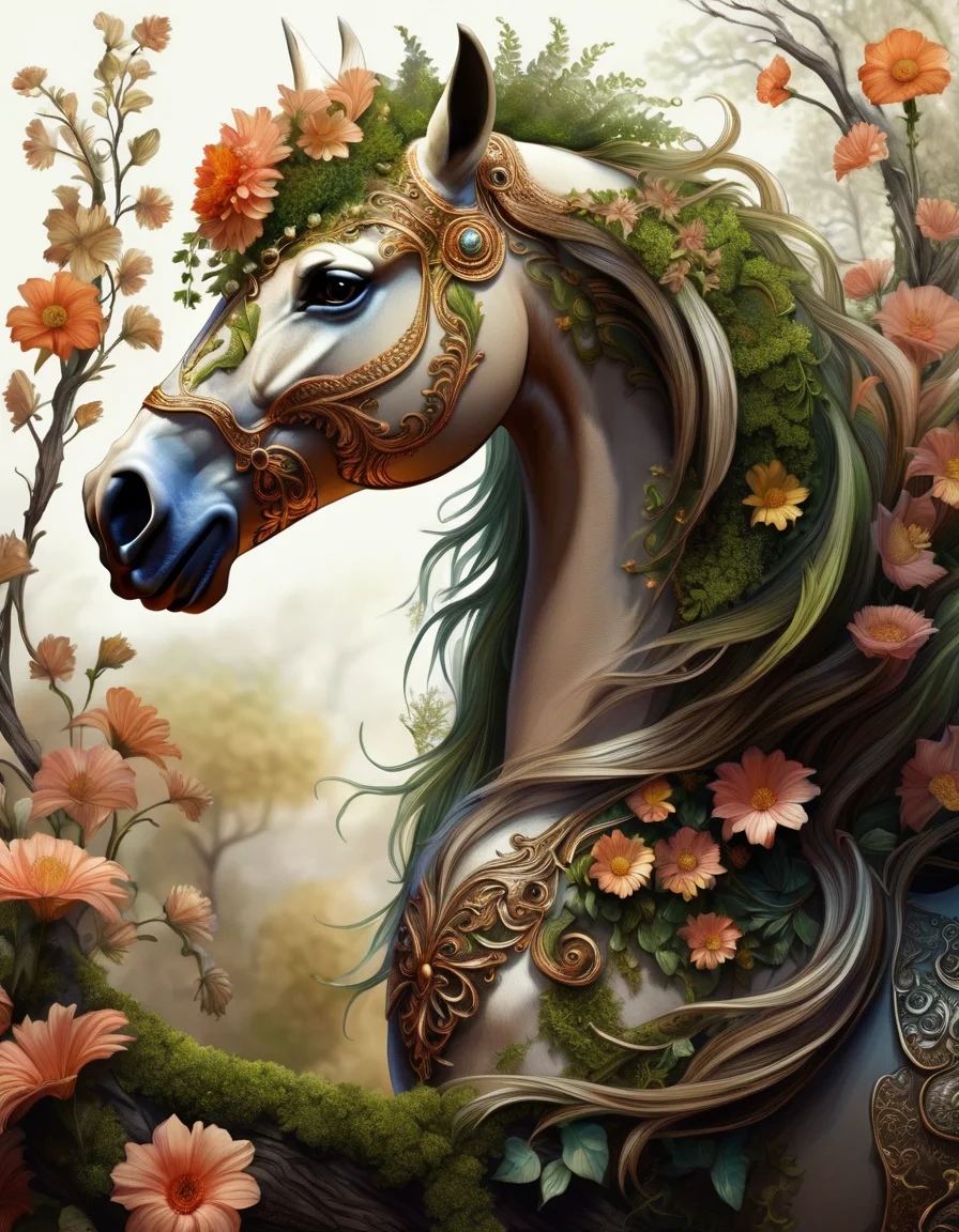 hand drawn art of a beautiful earthen horse dragon hybrid, flowers moss, tree branches, dryad, symmetrical dragon horns, digital art, (best quality)), intricate detailed, <lora:DTStyle:1> DTstyle,