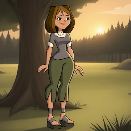 score_9, score_8, BREAK, solo, brown hair, black eyes, lips, collared shirt, grey sweater, short sleeves, green pants, dark skin, sandals, freckles, breasts, Total Drama, Courtney_(Total_Drama), sexy pose, smile, outdoors, sunlight, shadows, evening lighting, natural lighting, forest, trees, grass, orange sky, sunset