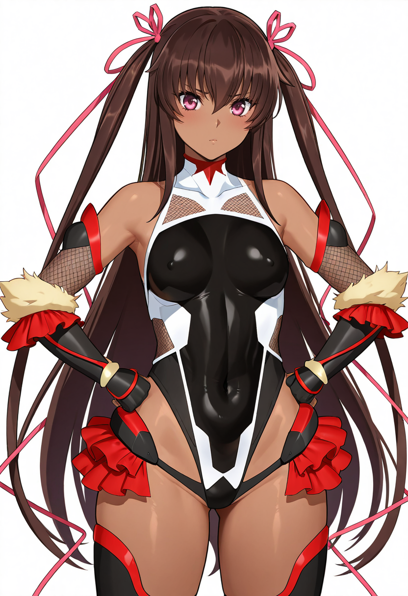 masterpiece, best quality,
1girl, cowboy shot, 
standing, hands on own hips, 
looking at viewer, 
<lora:Mizuki_Yukikaze_SK:0.6> Mizuki_Yukikaze_SK, pink eyes, brown hair, long hair, twintails, hair ribbon, dark-skinned female, leotard, showgirl skirt, taimanin suit, thighhighs, elbow gloves, fishnets,
simple background, white background,