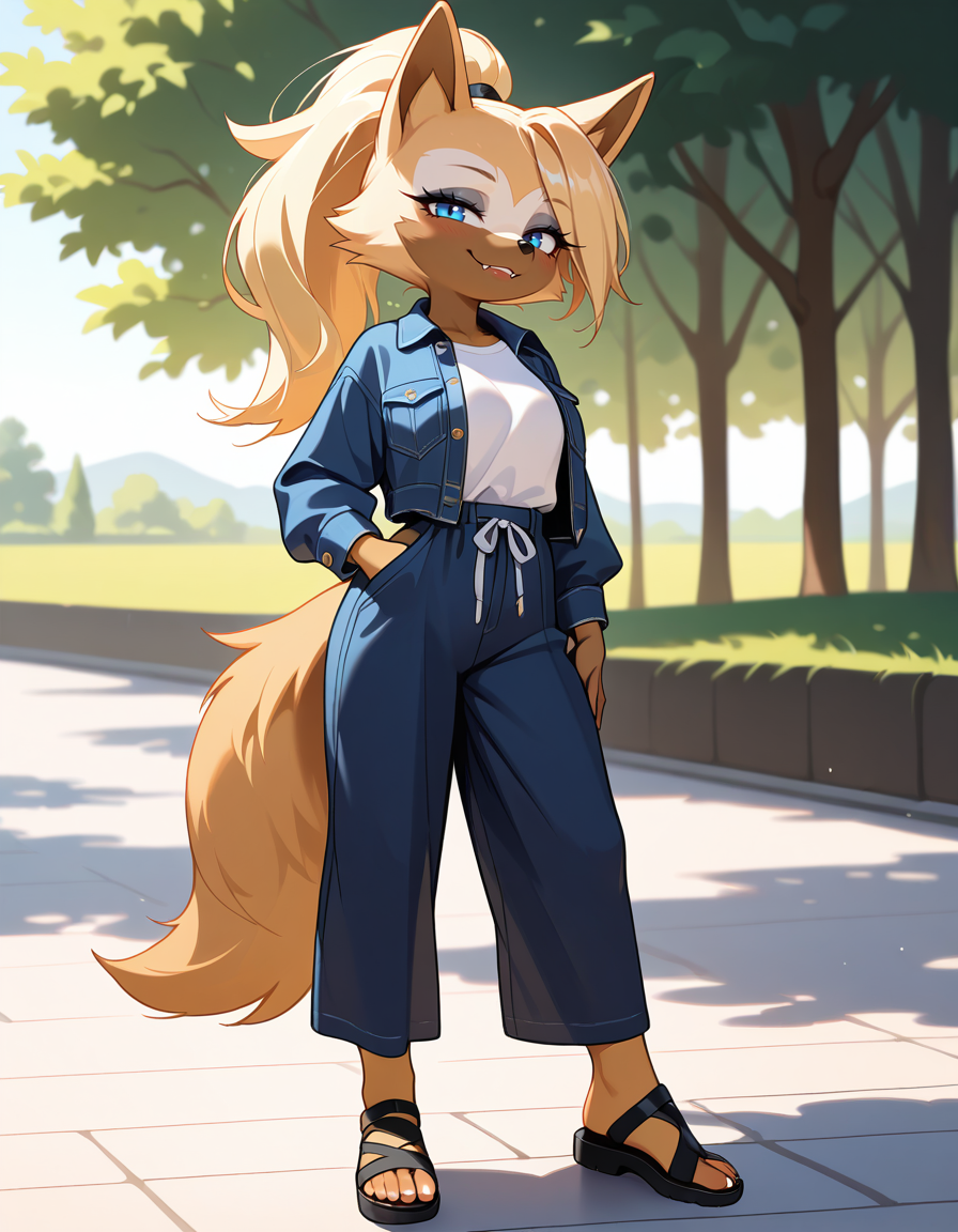 masterpiece, best quality, very aesthetic, absurdres,
outdoors, casual, 
full body, standing, posing, 
 seductive smile, parted lips, long eyelashes,
 <lora:Whisper_the_Wolf_v01_NAIXL:1>,
Wh15p3r,1girl,solo,furry,furry female,wolf girl,long hair,blonde hair,wolf ears,ponytail,blue eyes,makeup,anout,animal nose,fangs,body fur,two-tone fur,orange fur,brown fur,wolf tail,