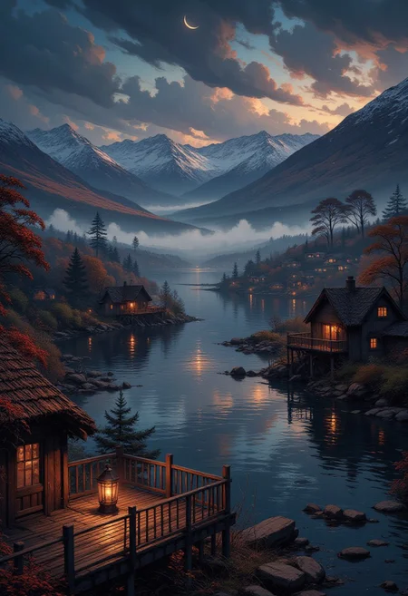 Midnight in the Scottish Highlands
"A heavy mist rolls over a Scottish loch, swirling over dark waters that reflect the crescent moon’s glow. A wooden terrace overlooks the lake, its lantern still warm, as if recently abandoned. Thatched cottages nestle into the hills, their chimneys releasing the last wisps of smoke from dying fires. Somewhere, beyond the mist, the soft creak of a wooden rowboat echoes. Yet the lake remains empty, untouched—except for the ripples spreading across its surface, as if something unseen had just slipped beneath."