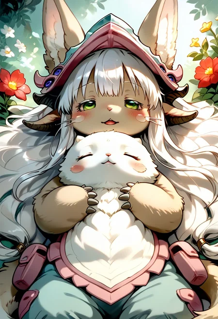 score_9, score_8_up, score_7_up, source_cartoon, 1girl, nanachi, \(made in abyss\)/,(ultra HD quality details), green eyes, white hair, furry, animal ears, tail, sidelocks, solo, adorable nanachi, sleeping on a flower, sleeping, (tiny size, sleeping:1.2), blushing, moaning, (puffy pants, helmet, long hair, ears through headwear:1.1), colorful detailed flower background, (detailed image, high resolution, 5k resolution:1.0), Expressiveh,