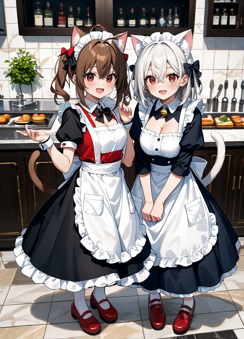 score_9, score_8_up, score_7_up ,source_anime masterpiece, best quality, perfect anatomy , very aesthetic , official art,BRAKE
2girls, :d, ahoge, animal, animal ears, apron, bell, black dress, black bow, blush, bow, brown hair, brown eyes, cat ears, cat girl, cat tail, cleavage cutout, clothing cutout, dress, full body, hair between eyes, hair bow, hand up, jingle bell, long hair, long sleeves, looking at viewer, maid, maid apron, maid headdress, medium hair, multiple girls, neck bell, no headwear, open mouth, puffy short sleeves, puffy sleeves, red bow, red eyes, red footwear, red vest, shadow, shirt, short sleeves, smile, tail, white apron, white hair, white shirt