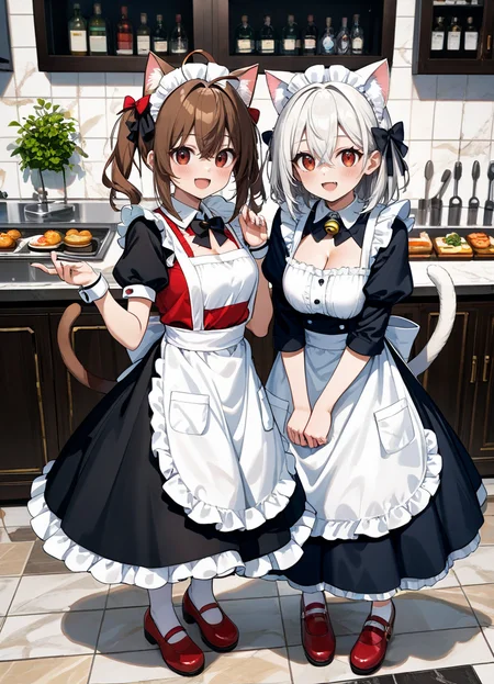score_9, score_8_up, score_7_up ,source_anime masterpiece, best quality, perfect anatomy , very aesthetic , official art,BRAKE
2girls, :d, ahoge, animal, animal ears, apron, bell, black dress, black bow, blush, bow, brown hair, brown eyes, cat ears, cat girl, cat tail, cleavage cutout, clothing cutout, dress, full body, hair between eyes, hair bow, hand up, jingle bell, long hair, long sleeves, looking at viewer, maid, maid apron, maid headdress, medium hair, multiple girls, neck bell, no headwear, open mouth, puffy short sleeves, puffy sleeves, red bow, red eyes, red footwear, red vest, shadow, shirt, short sleeves, smile, tail, white apron, white hair, white shirt