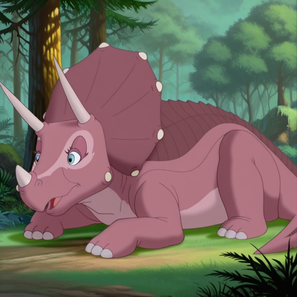masterpiece, best quality, amazing quality, Trialbtil, feral, female, triceratops, dark pink skin, horns, blue eyes, lying, on stomach, forest, , <lora:e3fc9c5f-d8ae-40bb-9354-dd1c46c0c825:1.0>