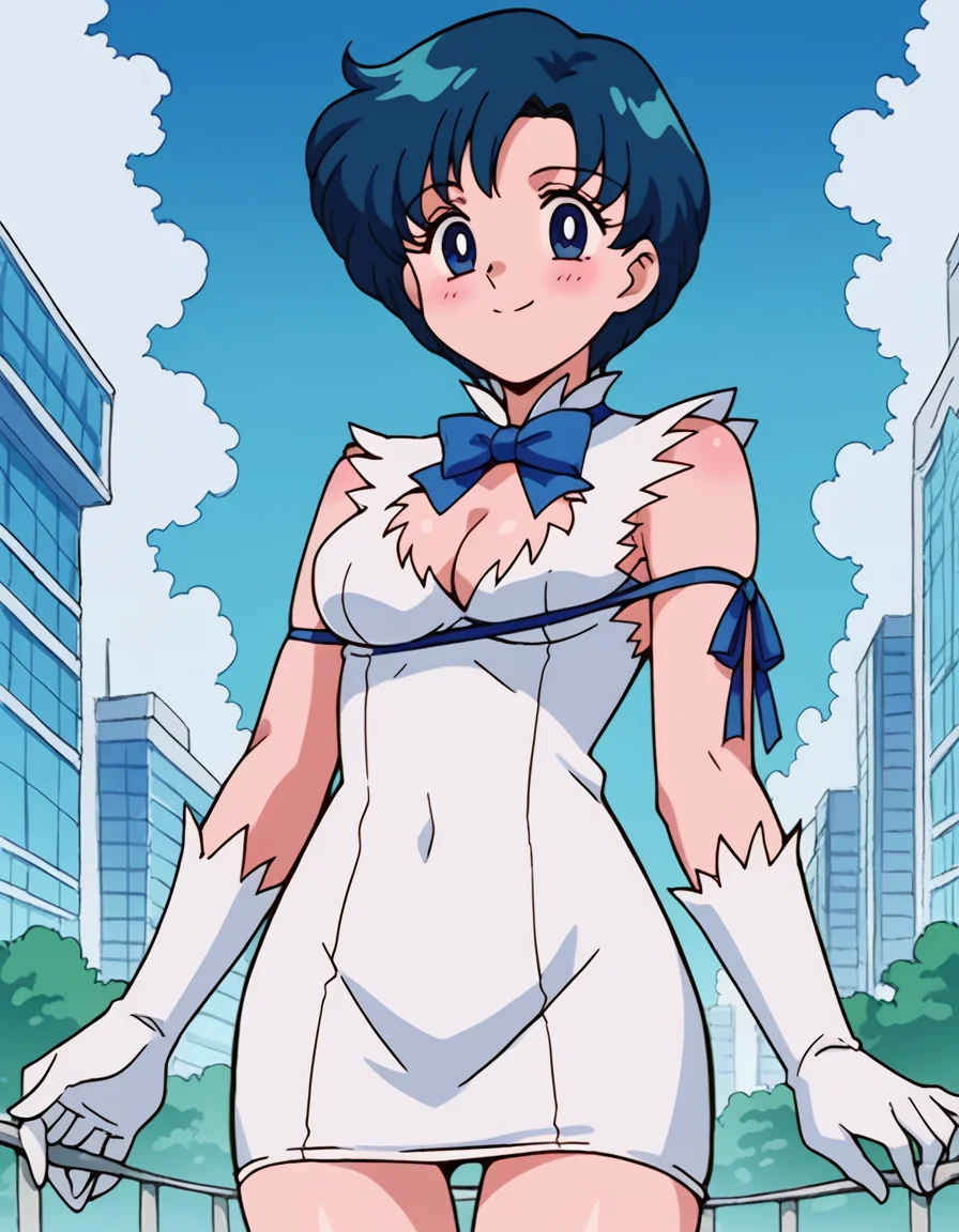score_9, score_8_up, score_7_up, source_anime, <lora:ami-mizuno-s3-ponyxl-lora-nochekaiser:1>, ami mizuno, blue eyes, blue hair, short hair, parted bangs,, <lora:hestia-cosplay-ponyxl-lora-nochekaiser:1>, hestiacosplay, hestia (danmachi) (cosplay), blue bow, blue bowtie, bow, bowtie, cleavage, cleavage cutout, clothing cutout, dress, gloves, pencil dress, rei no himo, short dress, white dress, white gloves, blue ribbon, arm ribbon,, outdoors, cityscape, street, smile, blush, , cowboy shot, dutch angle