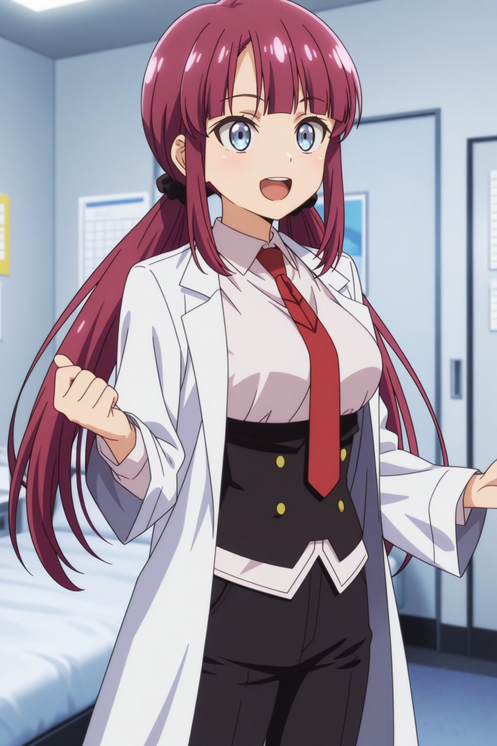 (red necktie collared shirt black corset black pants labcoat:1.50), 
ag-kuroitsu, blue eyes, red hair,
medium breasts, 1girl, solo, skinny,
(masterpiece, highres, ultra-detailed,very aesthetic, best quality, absurdres, high quality, highres), 
excited,
close-up,
(:0.80), 
BREAK,
bedroom,
::low twintails,
<lora:ag-kuroitsu-V01-illXL-000003:0.60>