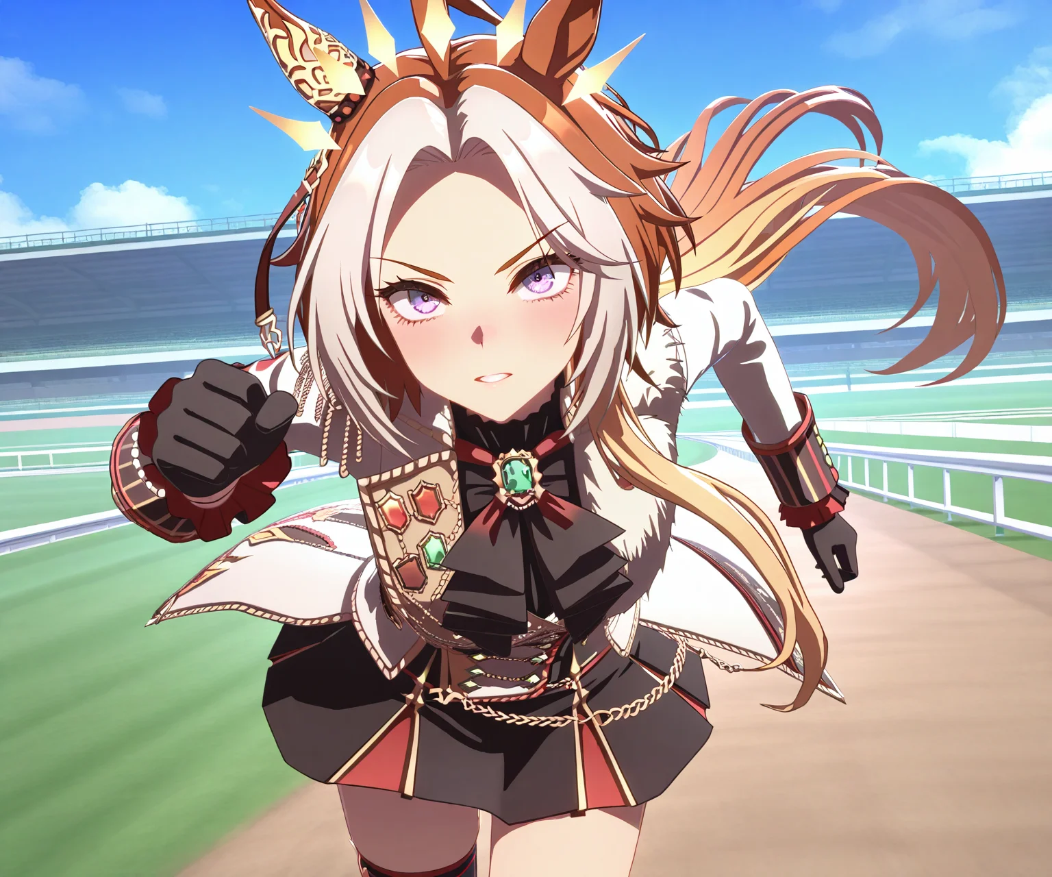 masterpiece, best quality, amazing quality, , 1girl, solo,umamusume, racetrack, running,  <lora:Orfevre in game style 3D ILL-v2:1> ummsmingame, 3d, orfevre \(umamusume\), skirt,
