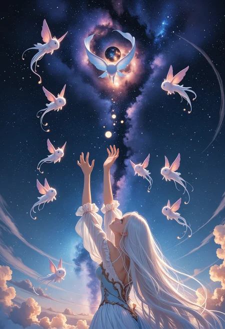 masterpiece, best_quality, detailed_eyes, 1girl, upper body, white hair, very long hair, standing, looking up, from behind, from below, reaching, flying creature, starry sky, nebula, fairytale, fantasy, dreamy atmosphere,