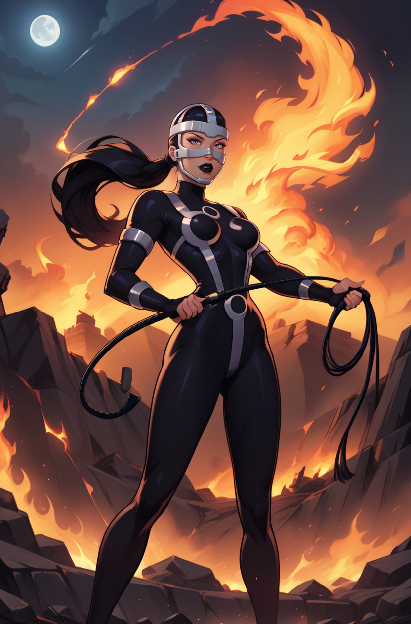 score_9, score_8_up, score_7_up, score_6_up, masterpiece, high quality, perfect face, perfect eyes, Lashina, 1girl, black hair, long hair, ponytail, mask, black bodysuit, mask, black lips, lipstick, outdoors, volcanic, standing, night time, fire in sky, apocalypse, hell, holding whip
<lora:STASLashina-90reps:0.8>