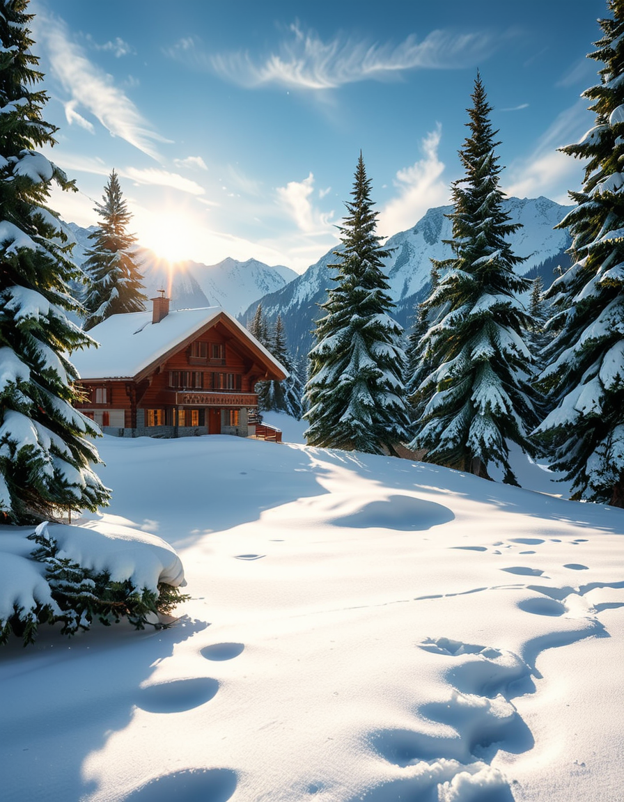 A cozy wooden chalet nestled in a serene winter landscape, surrounded by tall, snow-covered pine trees. Warm golden lights glow from the chalet's windows, contrasting with the crisp, cold air of the snowy evening. A thick layer of fresh snow blankets the ground, with a few footprints leading to the wooden front door. Smoke gently rises from the chimney, suggesting a warm fire inside. The sky is a soft twilight blue, with the first stars beginning to appear. In the foreground, a wooden fence partially covered in snow adds to the rustic charm. A small stack of firewood is neatly arranged near the entrance. The atmosphere is peaceful and inviting, evoking a sense of warmth and solitude in the midst of nature. The art style is hyper-realistic with soft lighting and high detail, emphasizing the texture of the wood, snow, and trees.
<lora:SDXLFaeTastic2400:0.4> <lora:extremely_detailed:0.4> extremely detailed, <lora:winter_l4ndsc4p3:1>,winter l4ndsc4p3, Masterpiece,best quality,hi res,8k,hi res,8k,award winning,(sharp focus, intricate, highly detailed),