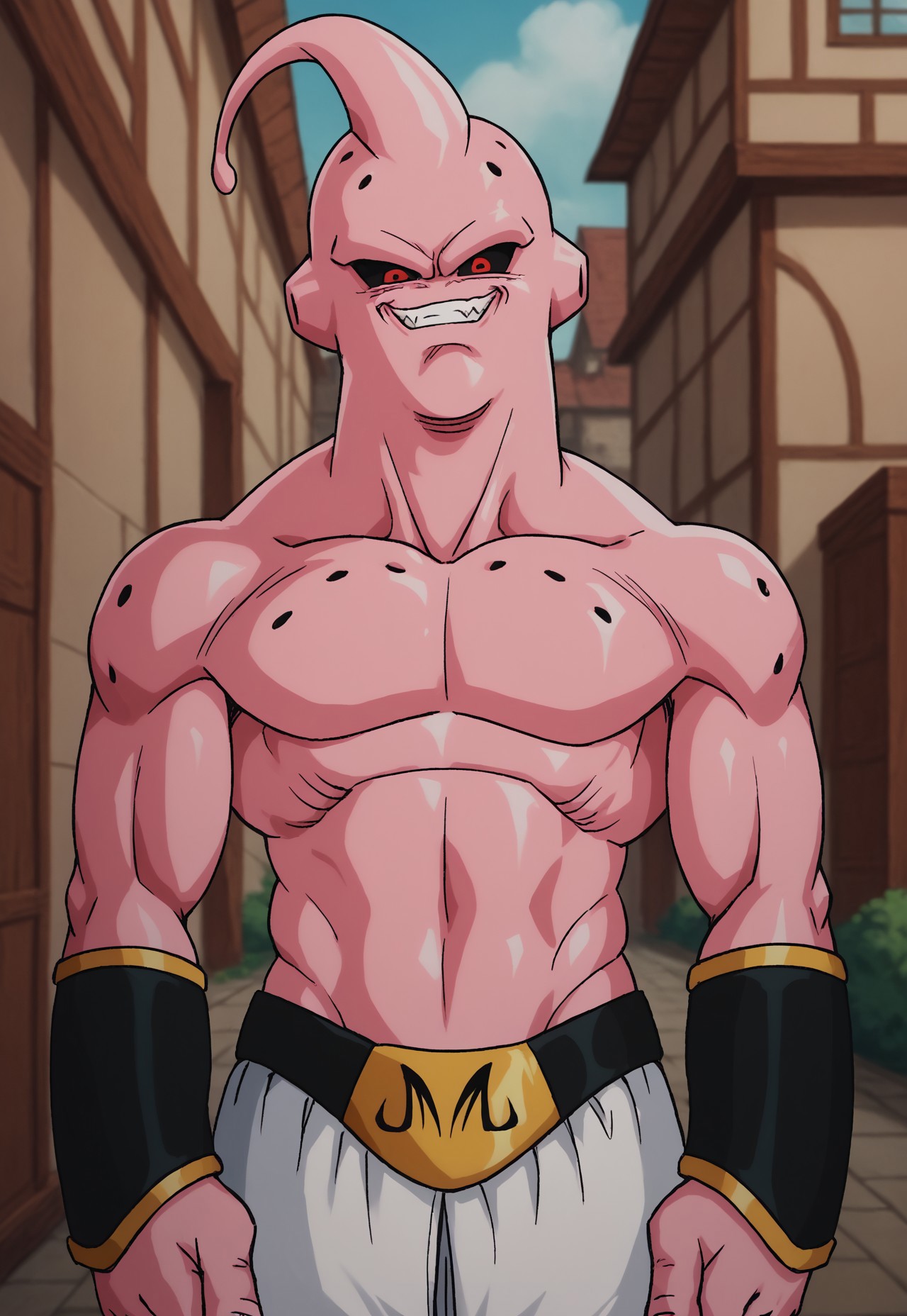 score_9, score_8_up, score_7_up, source_anime, sbuudb, 1boy, solo, pink skin, black sclera, red eyes, antenna, bracers, belt, pants, looking at viewer, BREAK, outdoors
