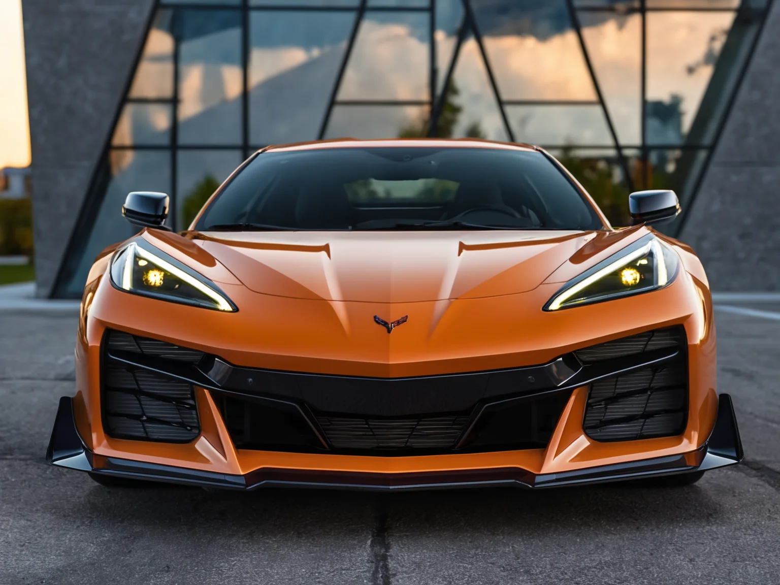 a professional closeup photo of cvttz06 car complete car, parked in front of a beautiful modern building, 8k, uhd, sublime, breathtaking , specular highlights <lora:cvttz06_car_t12_SDXL-000010:0.7>