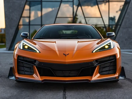 a professional closeup photo of cvttz06 car complete car, parked in front of a beautiful modern building, 8k, uhd, sublime, breathtaking , specular highlights <lora:cvttz06_car_t12_SDXL-000010:0.7>