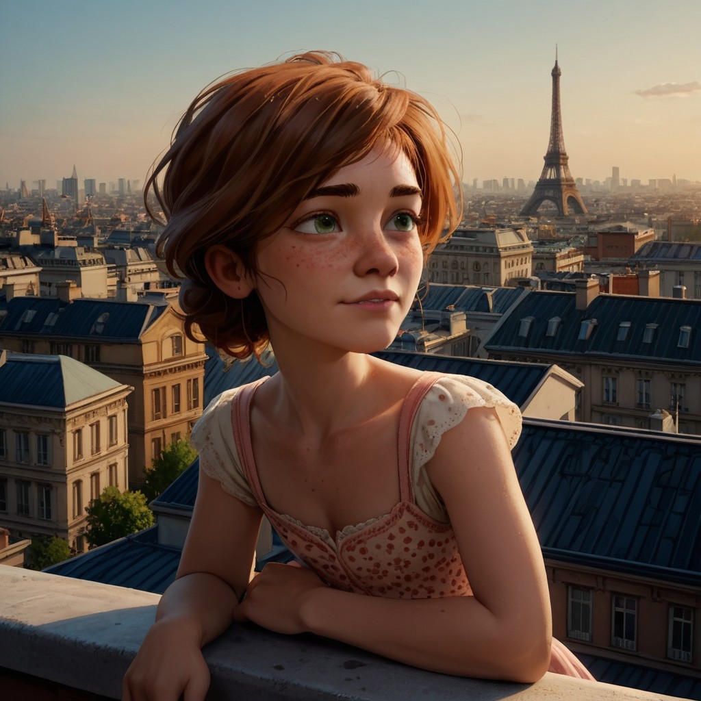 score_9, score_8_up, score_7_up, score_6_up, score_5_up, score_4_up, rating_safe, Félicie, sitting on a rooftop, paris, freckles, freckled chest, portrait