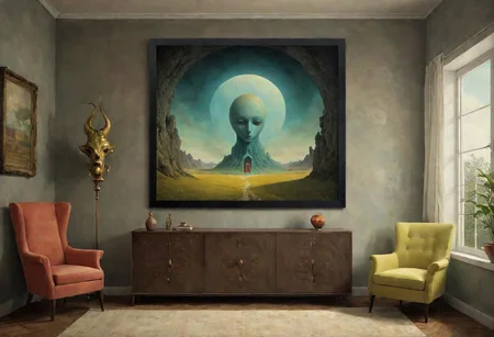 Style by Gabriel Pacheco and Oskar Fischinger and Zdzislaw Beksinski, a framed picture of a colorful weird surrealism in a normal spartan living room, masterpiece, strange inconsistencies and banal absurdities, smooth, neo surrealism,
