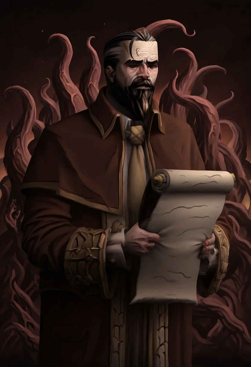 masterpiece, best quality, newest, absurdres, highres, DD2Style-IL.V1.0, black eyes, shaded eyes,
A-LMWRE-V1.1, 1boy, old man, robe, buttoms, beard, mustache, facial hair, multicolored hair, coat, two-tone hair, long sleeves, brown robe, black hair,
scroll, holding scroll, tentacles, eldrich, eldrich horror,