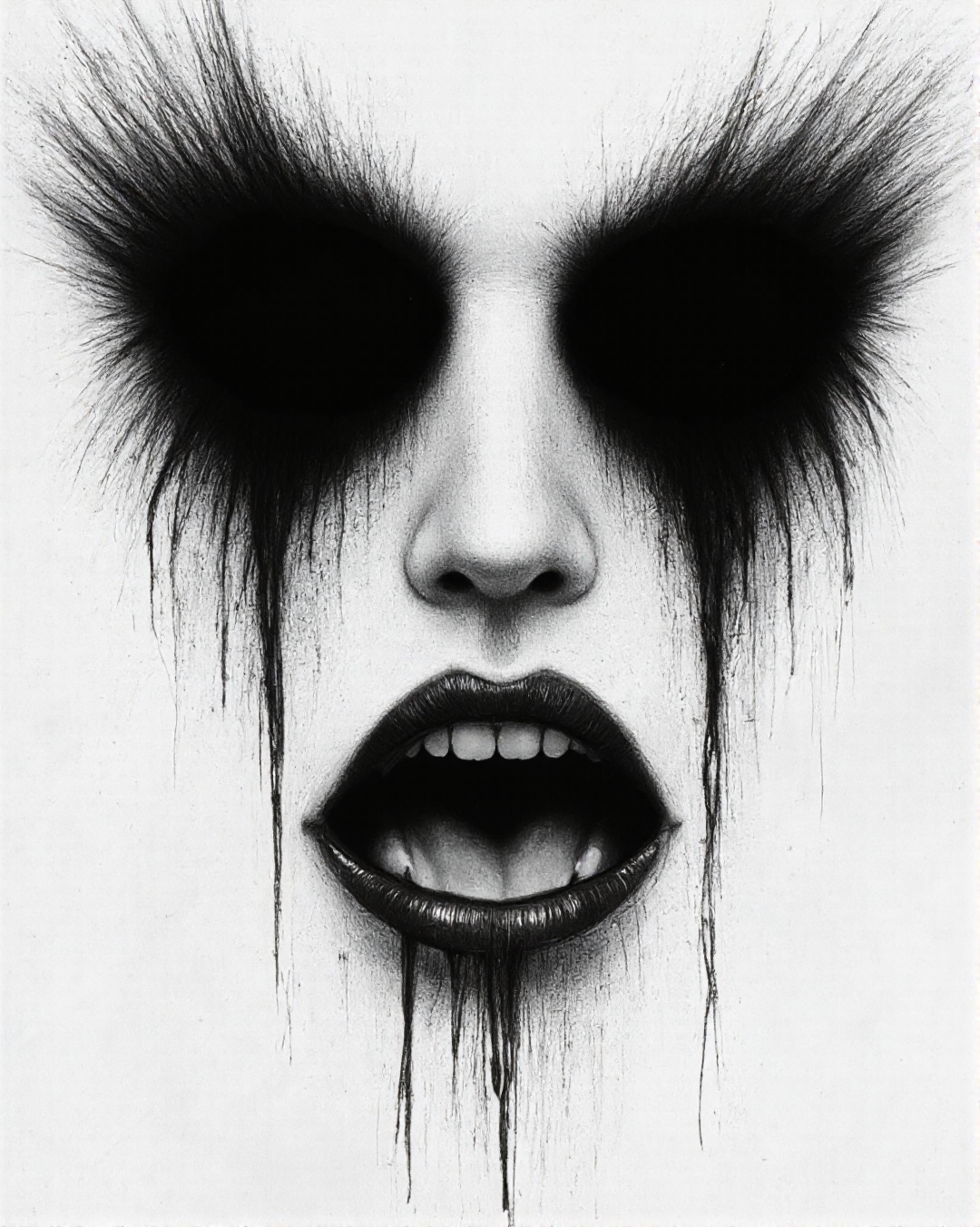 digital drawing in a dark, moody style, resembling gothic or horror art. It features a hauntingly expressive face with an eerie, almost otherworldly quality. The face is set against a stark white background, which contrasts sharply with the dark tones of the drawing, making the features stand out more prominently. The eyes are completely black, with no irises or whites, giving them a vacant, soulless appearance. Tears are depicted as dark, thin lines streaming down from the eyes, adding to the melancholic and sorrowful atmosphere. The mouth is slightly open, revealing a dark, empty space where teeth should be, enhancing the eerie and unsettling nature of the face. The nose is small and pointed, with a dark, almost black hue. The skin is rendered in a smooth, almost chalky texture, with subtle shading that gives the face a three-dimensional effect. The overall tone of the drawing is somber and haunting, with a focus on creating a sense of mystery and unease. The style is highly stylized and exaggerated, emphasizing the emotional impact of the subject rather than realism., aidmaimageupgrader, aidmaMJ6.1