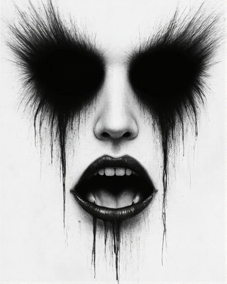 digital drawing in a dark, moody style, resembling gothic or horror art. It features a hauntingly expressive face with an eerie, almost otherworldly quality. The face is set against a stark white background, which contrasts sharply with the dark tones of the drawing, making the features stand out more prominently. The eyes are completely black, with no irises or whites, giving them a vacant, soulless appearance. Tears are depicted as dark, thin lines streaming down from the eyes, adding to the melancholic and sorrowful atmosphere. The mouth is slightly open, revealing a dark, empty space where teeth should be, enhancing the eerie and unsettling nature of the face. The nose is small and pointed, with a dark, almost black hue. The skin is rendered in a smooth, almost chalky texture, with subtle shading that gives the face a three-dimensional effect. The overall tone of the drawing is somber and haunting, with a focus on creating a sense of mystery and unease. The style is highly stylized and exaggerated, emphasizing the emotional impact of the subject rather than realism., aidmaimageupgrader, aidmaMJ6.1