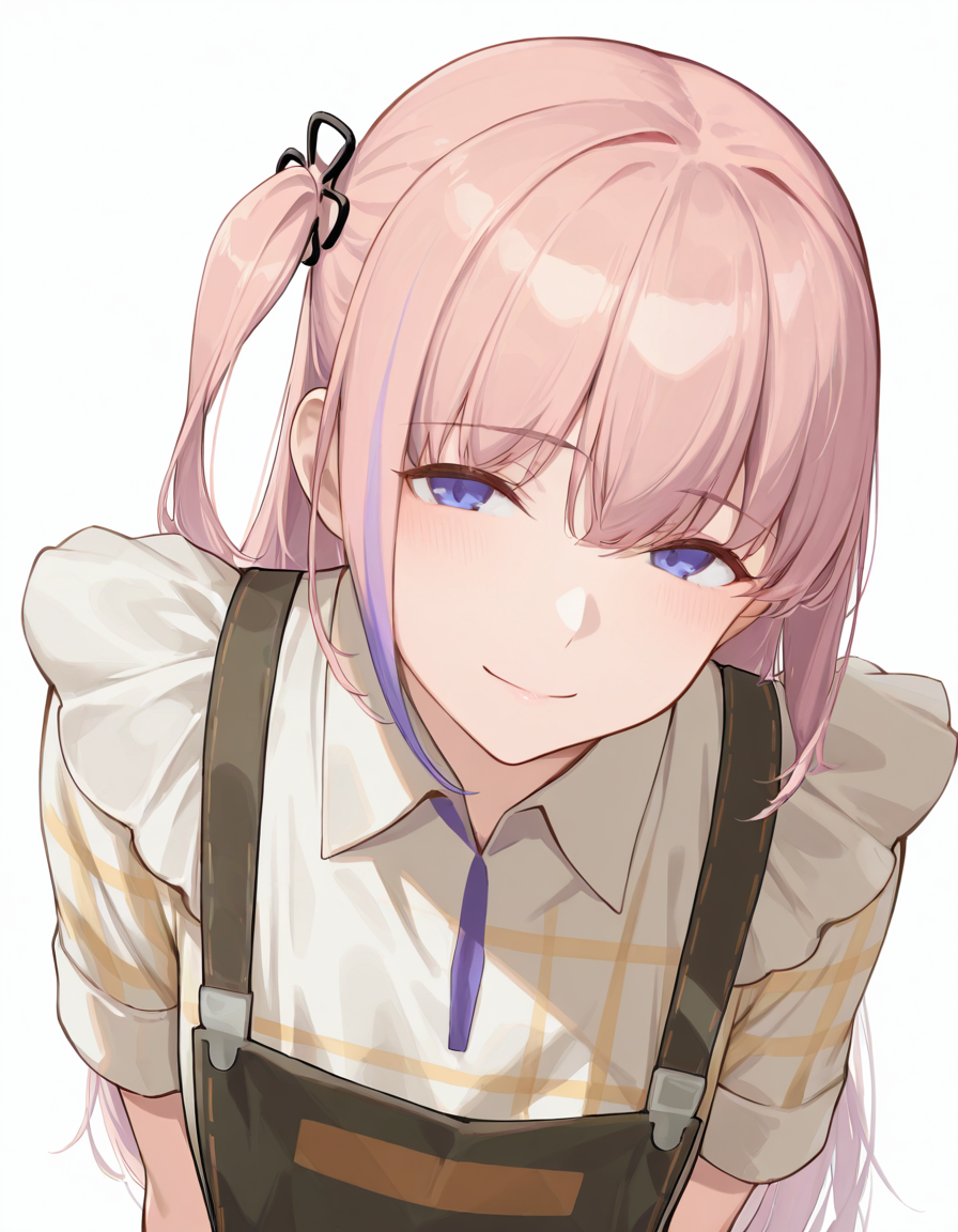 Volumetric Lighting, (masterpiece), (best quality), (ultra-detailed), masterpiece, source_anime, score_9, score_8_up, score_7_up BREAK, illustration, disheveled hair, detailed eyes, perfect composition, moist skin, intricate details, detailed eyes, detailed face, detailed fingers BREAK, blue eyes, pink hair, one side up,streaked hair,long hair BREAK, OwlLatte, OwL_shirt, OwL_apron, AR15_hair_ornament, , BREAK, ((white background)), looking at viewer, smile, upper body, (((face focused)))