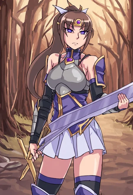 PonyXLV6_Scores, anime screencap, anime coloring, amazing quality, very aesthetic, absurdres, best quality, masterpiece, BREAK 1girl, full body, <lora:Princess_Dianne_(Demon_King_Domination):1>, Princess Dianne, brown hair, long hair, purple eyes, tiara, ponytail, hair bow, hourglass figure, standing, stern, looking at viewer, annoyed, (black choker, (purple top, turtleneck, sleeveless, gold trim), (white skirt, pleated skirt,), (black thighhighs, purple trim), (black arm warmers, purple trim), (chest armor, breastplate, silver,) gem, (arm armor, silver), holding sword, (armored boots, silver), ), cowboy shot, BREAK (forest, forest path, trees, no men, 1girl, solo,),