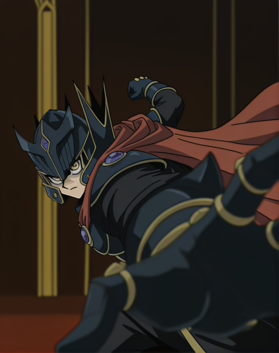 <lora:Yugioh_GX_Illustrious_SD8:0.8>1boy, throne room,   serious,  depth of field, 
<lora:supreme_kinh:0.9> Supre2meGXKing,black helmet, black armor,red cape,  yellow eyes,
<lora:pepe_punch_untagged_illust:0.9> pepe punch, looking at viewer, incoming attack, incoming punch, clenched hand, solo, masterpiece, high quality, absurdres, best quality, very aesthetic, newest, ,